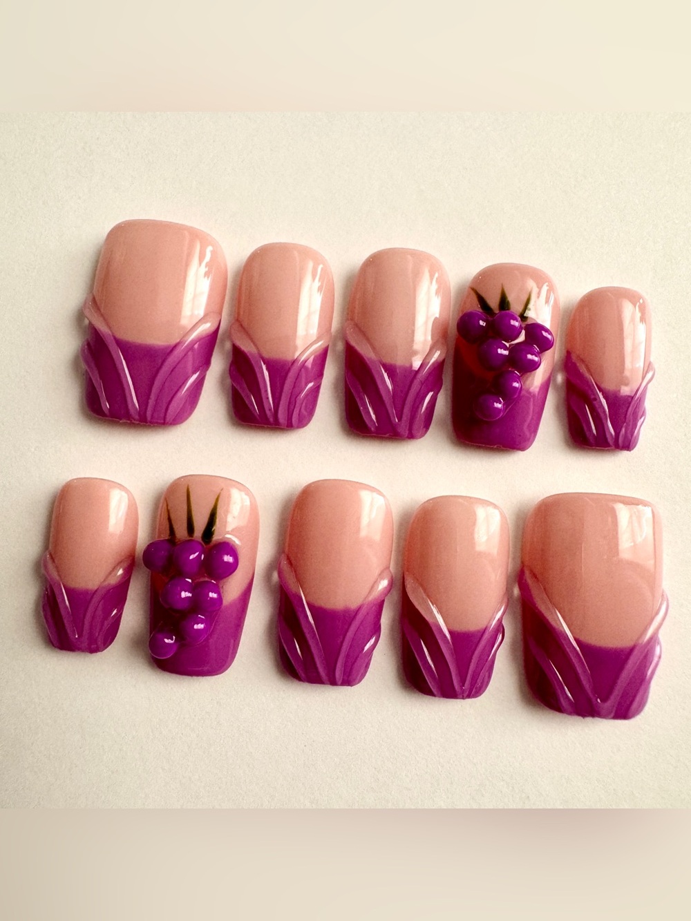 Purple 3D Grape Accent Press-On Nails